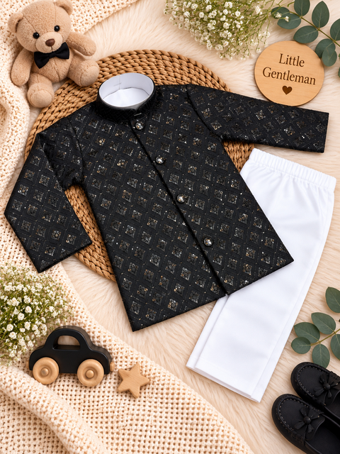 Soft Rayon chikankri sequin based Newborn Kurta Pajama Set with soft inner lining, easy front-open kurta & matching elasticated pajama for comfortable wear.Kurta L 35 cm,Chest 25 cm,Sleeve24 cm,Pajama L 33 cm.Slight variation in colour & design may occur