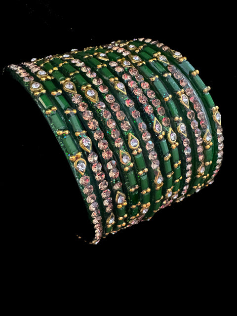 Green color Golden jerkan Stone beautiful Glass Bangles (1 Dozen in 1 pack ) Price per pack