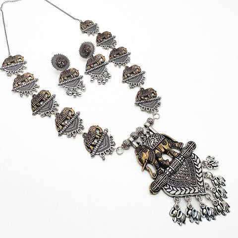 Elephant Design Beautiful Oxidised Necklace with Earrings