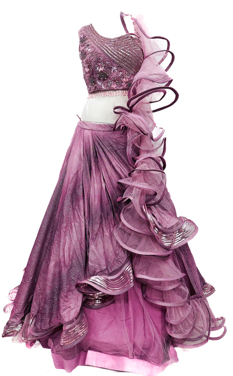 Designer cocktail crop top with handwork in sequinned princess blouse and heavy ken ken with ring inside fully fluff design Lehnga