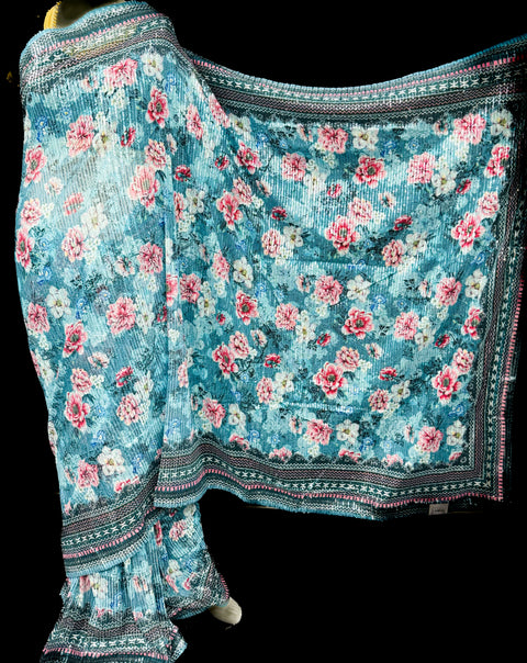 Sequined Soft Fabric Designer Sarees In Print Work With contrast Sequined Blouse