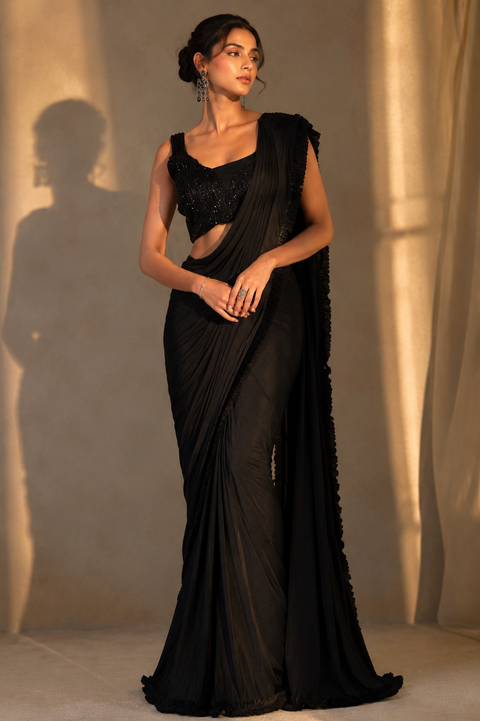 Designer Blouse with sequined work & Readymade Saree (slight variation in color and design is possible)