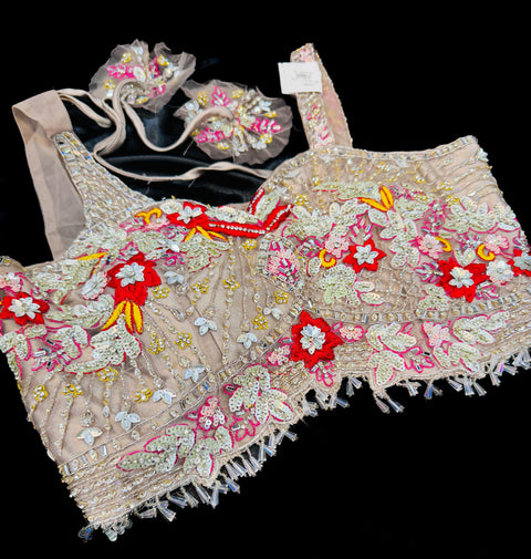 Stylish hand work heavy design crop top blouse with heavy work multiflared lehnga and netting dupatta