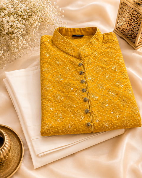 Georgette based Heavy embroidery with sequined work designer Kurta with white Pajama(slight variation in color and design is possible)
