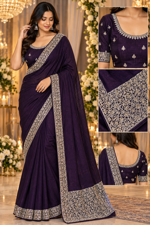 Soft-flowing fancy silk georgette saree with elegant embroidered borders, fine stone work and a heavy detailed pallu. Includes an attached embroidered blouse piece; model blouse is for reference only. Slight variation in colour/design possible.