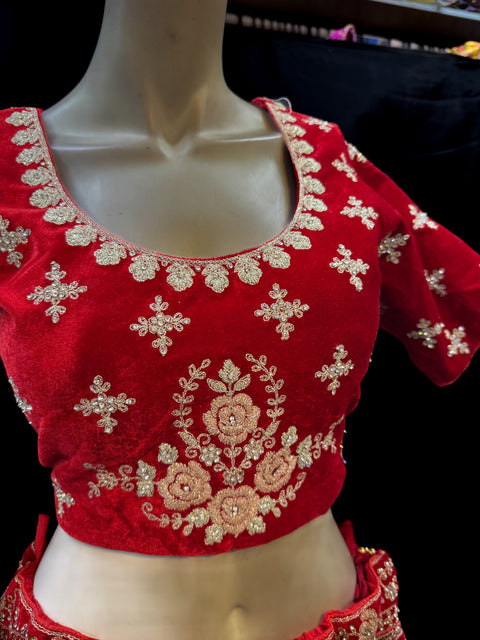 (SIZE 42 (Upto 46)) Red colour velvet Based Beautiful hand Embroidery Work With silver Fine Stones work Very Heavy 3 Layered Ken Ken Super Heavy Designer Bridal Lehnga With Heavy Tessels Attached To Blouse & Lehnga With Heavy Work Contrast Dupatta