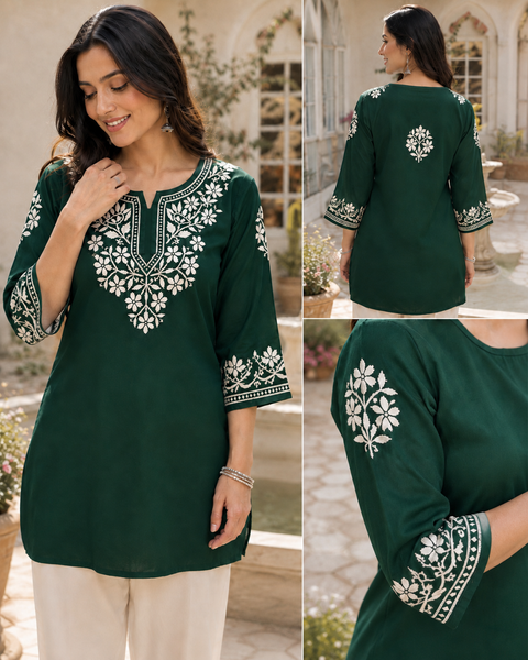 Very soft rayon-based short kurti with elegant  embroidery at front and back. Pants are not included – this is kurti only. Slight variation in color and design is possible. Approx. length: 30 inches.