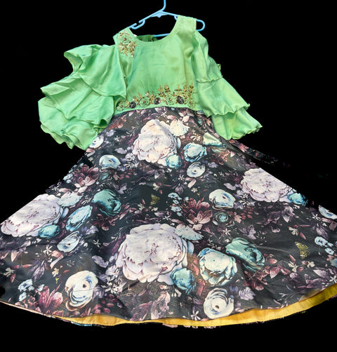 Mint colour silk based beautiful printed flared gown