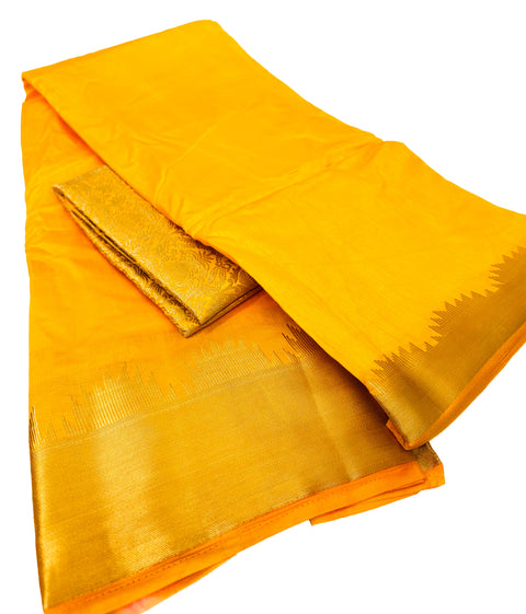 Soft Silk based Broad zari border Saree with Contrast Brocade silk based Blouse