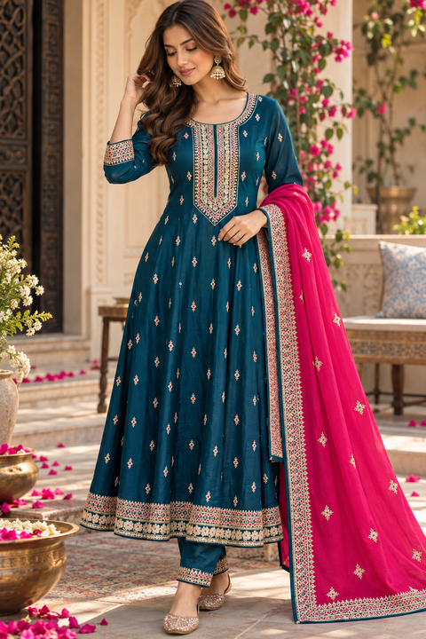 Elegant flared Anarkali suit featuring delicate embroidery with all-over motifs, matching pants and a contrast hot pink dupatta with embroidered border.Slight variation in colour and design is possible