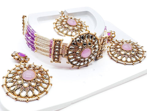 Pearls beaded with Kundan stone beautiful choker necklace with Earrings & Tikka