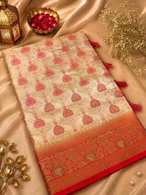 Elegant Art Silk Saree adorned with delicate zari-woven butis, a rich pallu and graceful tassel detailin,Comes with an unstitched running blouse piece attached to the saree (slight variation in color and design is possible