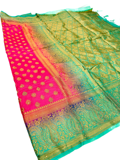 Art Silk Saree With Beautiful Stone Work With Contrast Pallu And Blouse