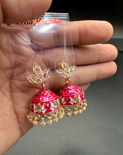 Polki Stone With Pearls Work Beautiful Meenakari Jhumka