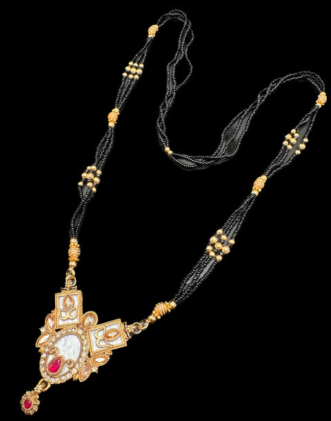 Polki Stone & Jerkan Gold Plated (Artificial) Mangalsutra With Artificial Black Beads Chain, Apx Size 15 inches length