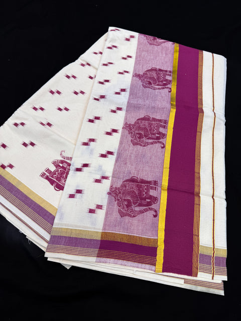 KERALA KASAVU COTTON SAREE WITH BEAUTIFUL ELEPHANT PRINT