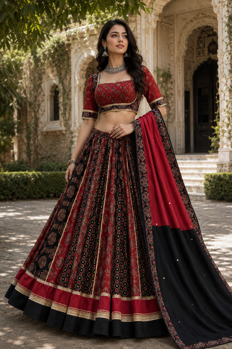 Elegant cotton based Printed Chaniya Choli Set featuring a beautifully flared skirt, stylish printed blouse with designer back, and matching dual-tone dupatta .(slight variation in color and design is possible)