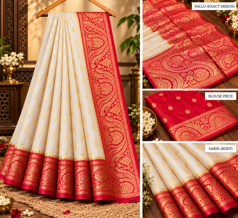 Soft & glossy crepe silk saree with a smooth, lightweight feel and beautifully flowy drape. Featuring rich woven zari floral motifs and an elegant detailed border .Blouse piece included. Slight variation in colour and design is possible.