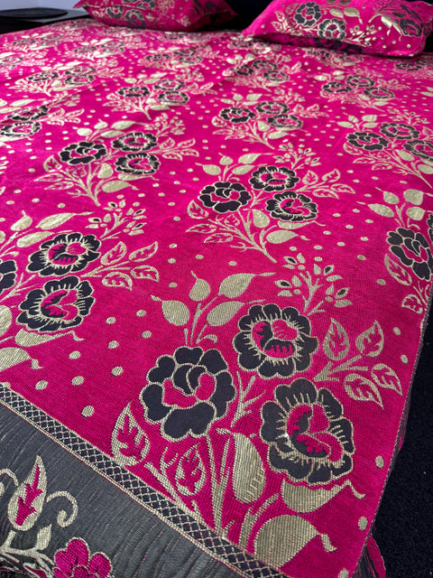 Roses Print Velvet golden zari Work Bed Sheet (275cm x 265cm)king size King Size Bedsheet With Double Pillow Cover