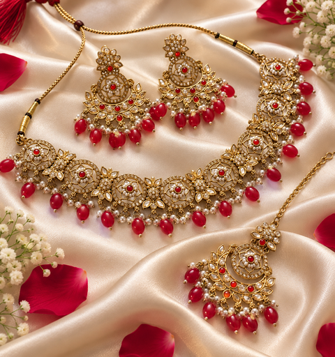 Beautiful polki stones with pearls and colorful stones necklace & earrings with Tikka. Slight variations in colour and design are possible