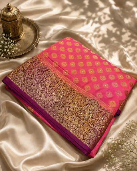 Premium Art Silk Saree featuring elegant zari weaving & stone work throughout; saree comes with an attached blouse piece. Model blouse is for reference only. Slight variation in colour and design may occur