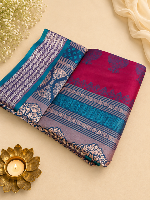 Premium Art Silk Saree Featuring Elegant Zari Weaving, Saree Comes With An Attached Blouse Piece. Model Blouse Is For Reference Only. Slight Variation In Colour And Design May Occur