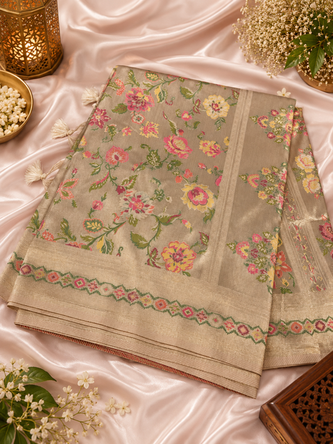 Banarasi tissue silk saree With Contrast Color Border & Pallu ,Dola Silk Beautiful Saree (Soft To Set The Pleate)Blouse Shown Is For Reference Only Blouse Piece Is Included With Saree As Unstitched(Slight Variation In Color And Design Is Possible)