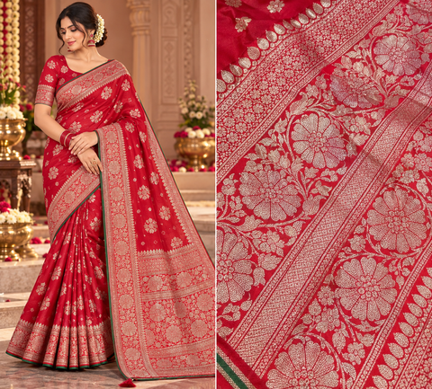 Luxuriously soft silk saree with a smooth, lightweight feel and beautifully flowy drape. Featuring rich woven zari floral motifs and an elegant detailed border .Blouse piece included. Slight variation in colour and design is possible.