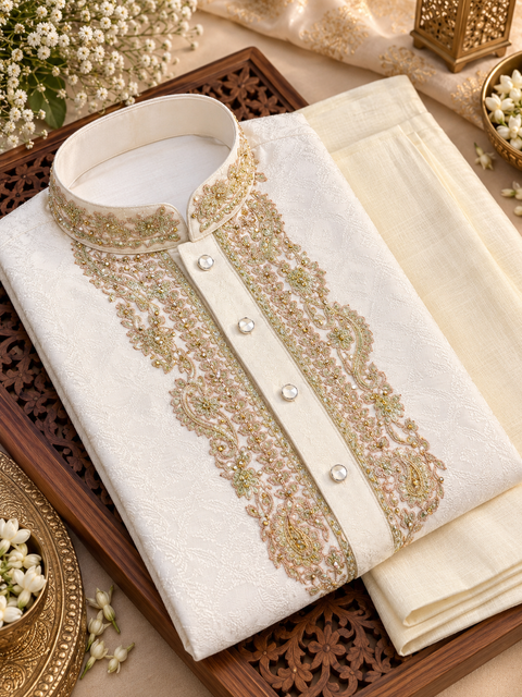 Soft jacquard silk-blend kurta with gold embroidery and Comes with a cream-golden pajama.
Slight variation in colour and design is possible.