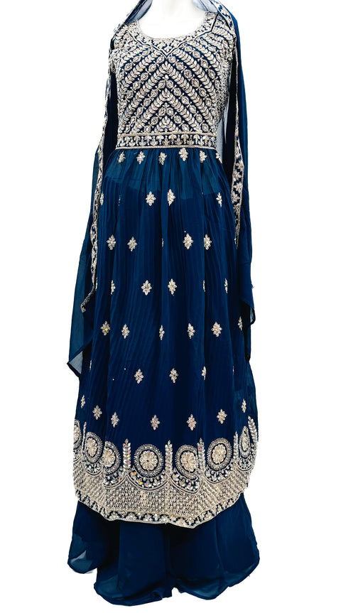 Georgette based original Mirror work with embroidery work Nayra cut kameez with plazo & dupatta