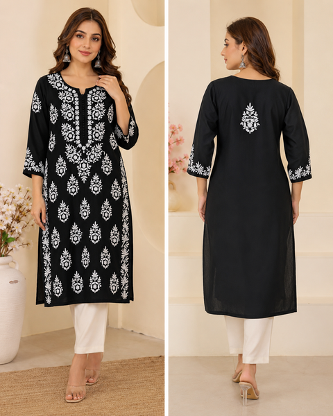 Very soft rayon-based kurti with elegant Lucknowi embroidery at front & back, giving it a graceful and timeless look. Pants are not included – this is kurti only. Slight variation in color and design is possible.