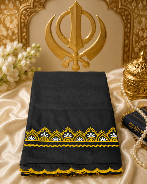 Elegant Hazoori Saropa crafted in rich black fabric, adorned with traditional white and yellow embroidery and a delicate scalloped border.Size (around 216cms lenth / 84 cms wide)