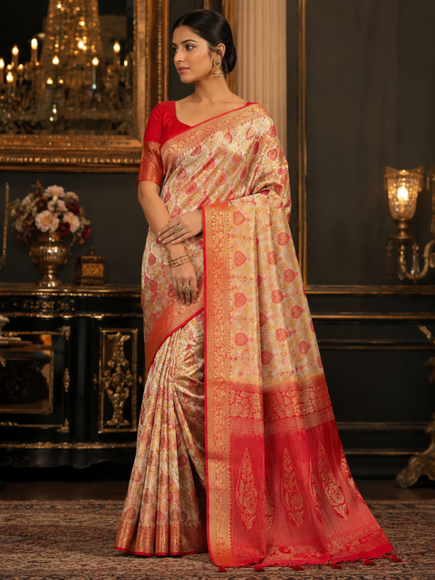 Elegant Art Silk Saree adorned with delicate zari-woven butis, a rich pallu and graceful tassel detailin,Comes with an unstitched running blouse piece attached to the saree (slight variation in color and design is possible