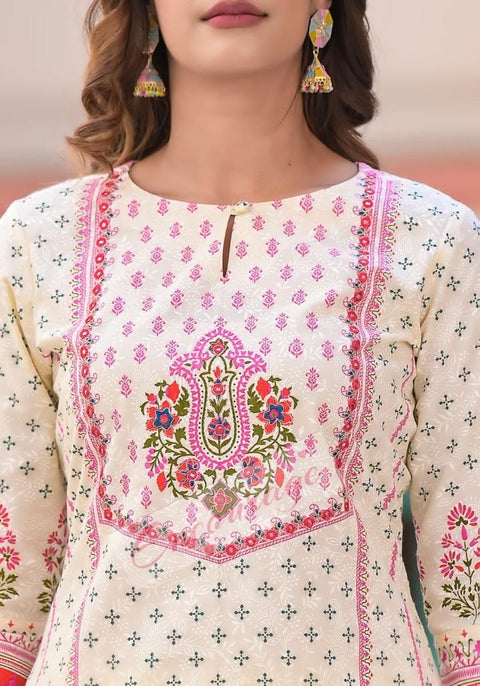 Pure & Soft cotton Based Designer Embroidered & Printed work Kurti With Plazo Pants & Dupatta