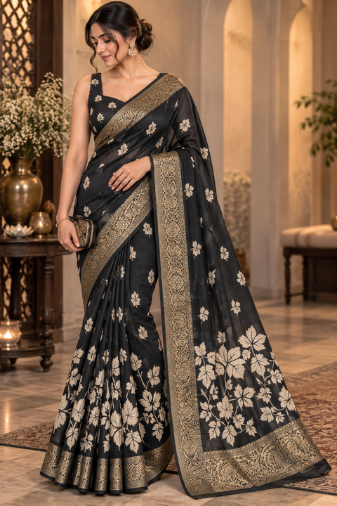 Soft Georgette Printed Saree – Lightweight and flowy with elegant all-over print and border. Matching blouse piece attached; model blouse is for reference only. Slight variation in colour/design is possible.