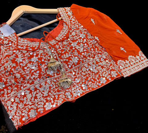 Georgette base embroidery work with sequins and stones work all over lehnga and crop top designer blouse and Georgette embroidery dupatta