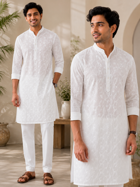 White colour cotton  based chikankari work kurta with white pajama(slight variation in color and design is possible)