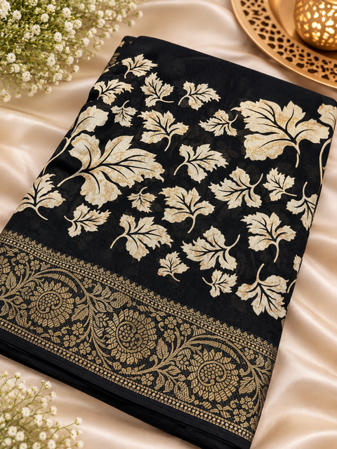 Soft Georgette Printed Saree – Lightweight and flowy with elegant all-over print and border. Matching blouse piece attached; model blouse is for reference only. Slight variation in colour/design is possible.
