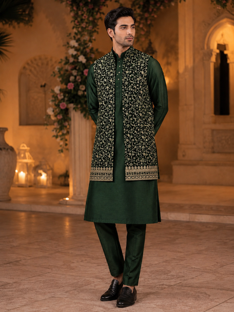 Embroidery work Velvet Jacket With Raw Silk Based Kurta & pants (slight variation in color & design is possible )