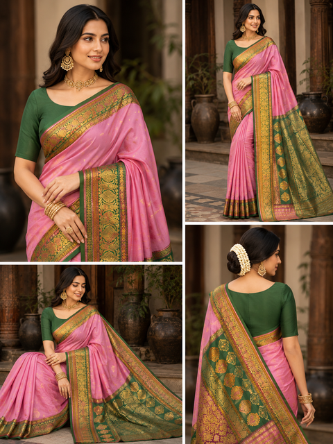 Premium Art Silk Saree Featuring Elegant Zari Weaving, Saree Comes With An Attached Blouse Piece. Model Blouse Is For Reference Only. Slight Variation In Colour And Design May Occur