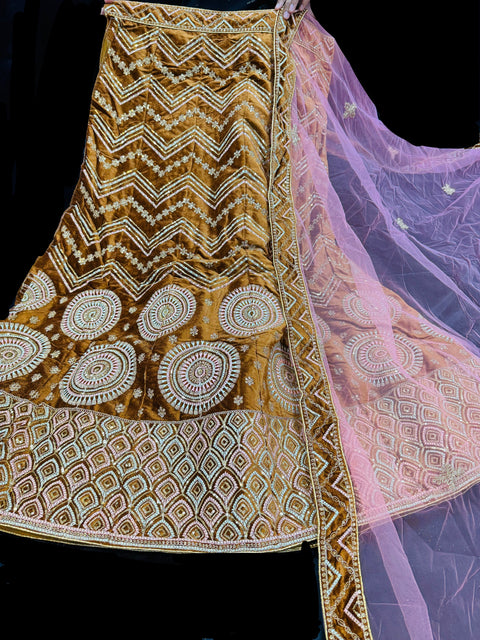 Velvet based embroidery work multiflared beautiful lehnga with embroidery work design in blouse and peachy pink embroidery dupatta (Unstitched Lehnga)