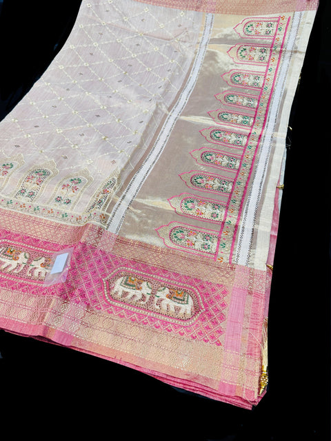 (Video clip attached ) Soft tissue silk embroidery saree with stone work and tessels attach