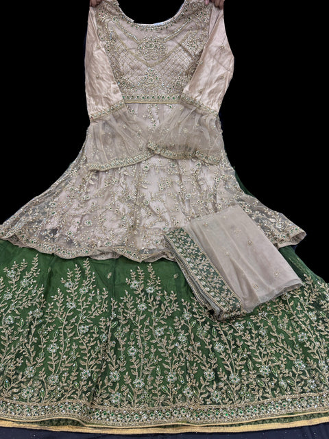 Netting based Golden stones and embroidery work all over front & back of kameez & long Jacket with stone work and beautiful lehnga & netting dupatta (Size 42 and can be altered upto 44)