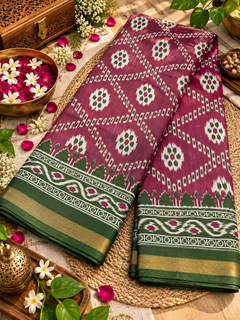 Soft silk blend saree with a flowy drape and elegant ikat-inspired weave. Contrast teal zari border adds a graceful look.Blouse piece attached. Slight variation in color/design may be possible.