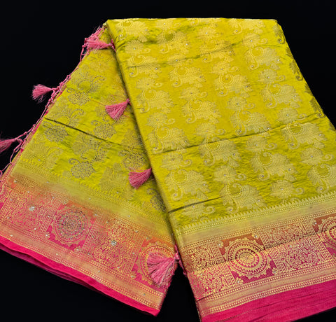 Mustard & Blue Color Beautiful Brocade Art Silk Saree With Stone Work