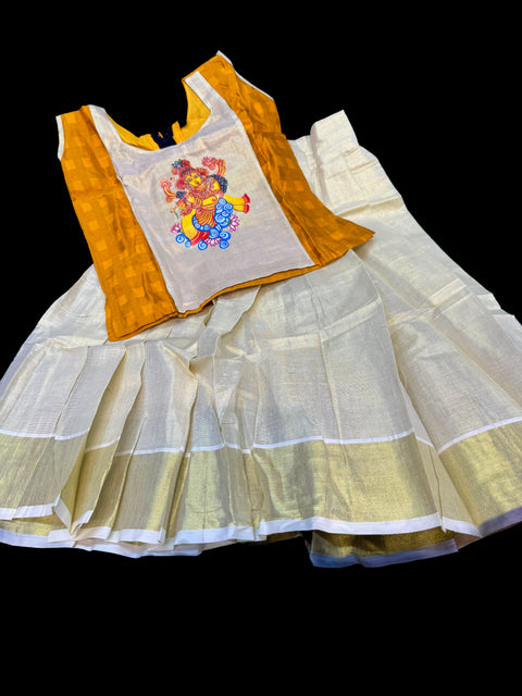 Gold Tissue based kids (Girls)Onam Special blouse and Skirt set