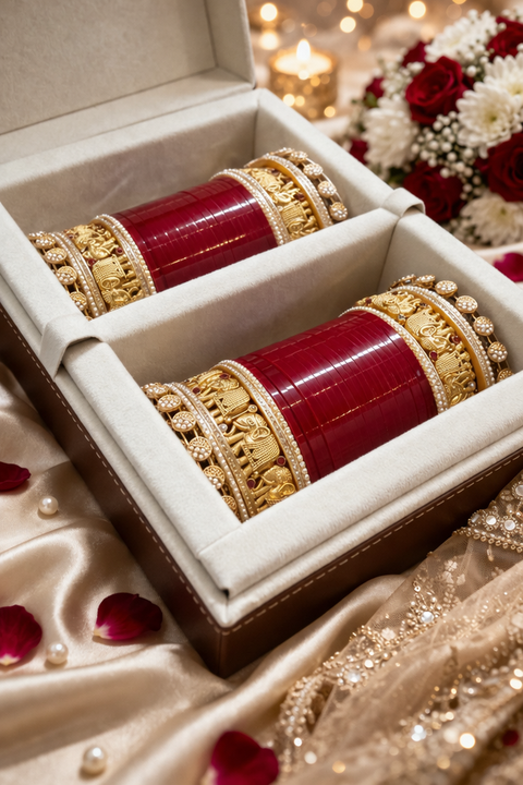 High-quality finish with rich Maroon  bangles, Elephant design detailed gold carving, pearl edging, and stone accents. Durable, elegant, and made for a long-lasting bridal shine