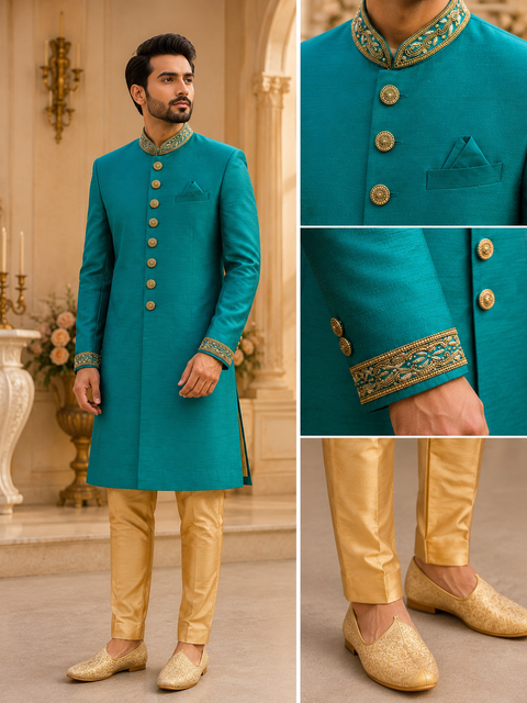 Elegant teal blue sherwani with intricate embroidered detailing on the collar and cuffs, crafted for a regal and sophisticated wedding look. Slight variation in color and design may occur.