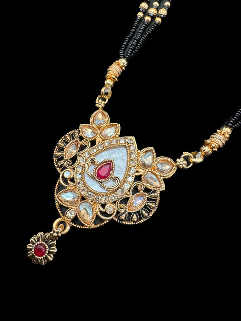 Polki Stone & Jerkan Gold Plated (Artificial) Mangalsutra With Artificial Black Beads Chain, Apx Size 15 inches length