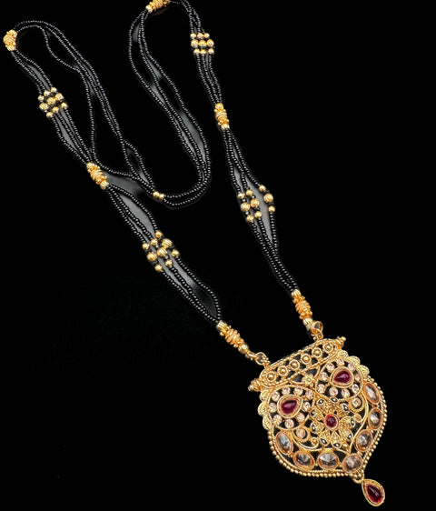 Golden Polki Stone & Jerkan Gold Plated (Artificial) Mangalsutra With Artificial Black Beads Chain, Apx Size 15 inches length